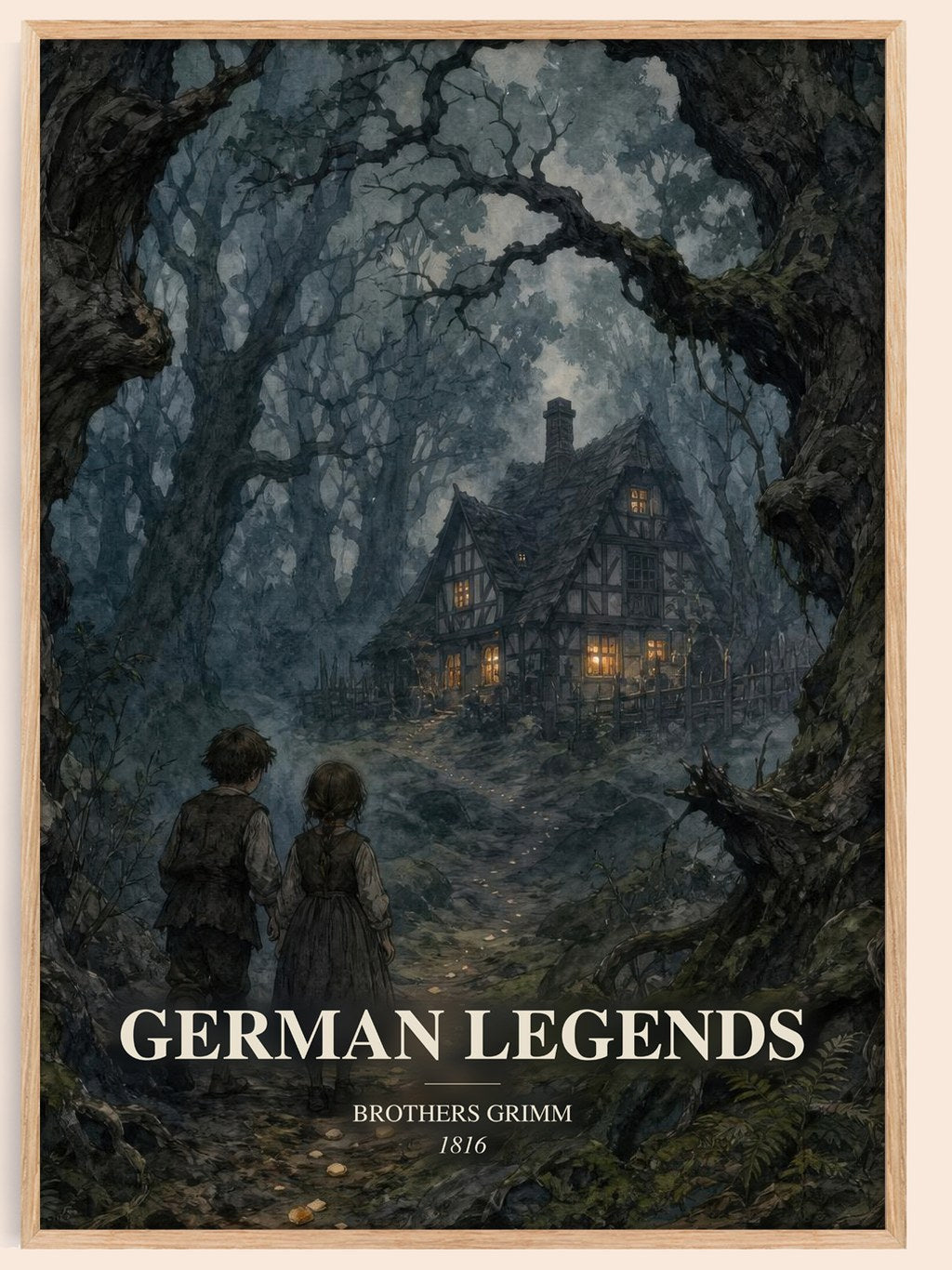 German Legends watercolour book poster by Brothers Grimm – framed literary art print