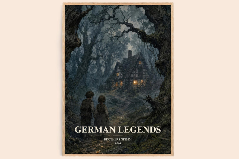 German Legends watercolour book poster by Brothers Grimm – framed literary art print