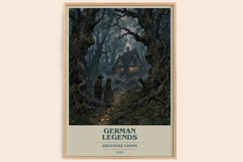 German Legends book cover book poster by Brothers Grimm – framed literary art print