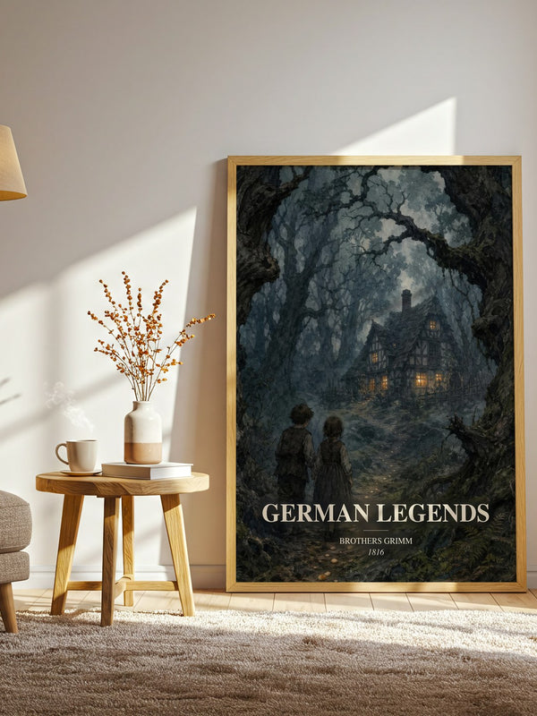 German Legends watercolour print in frame leaning in hallway – childrens wall art