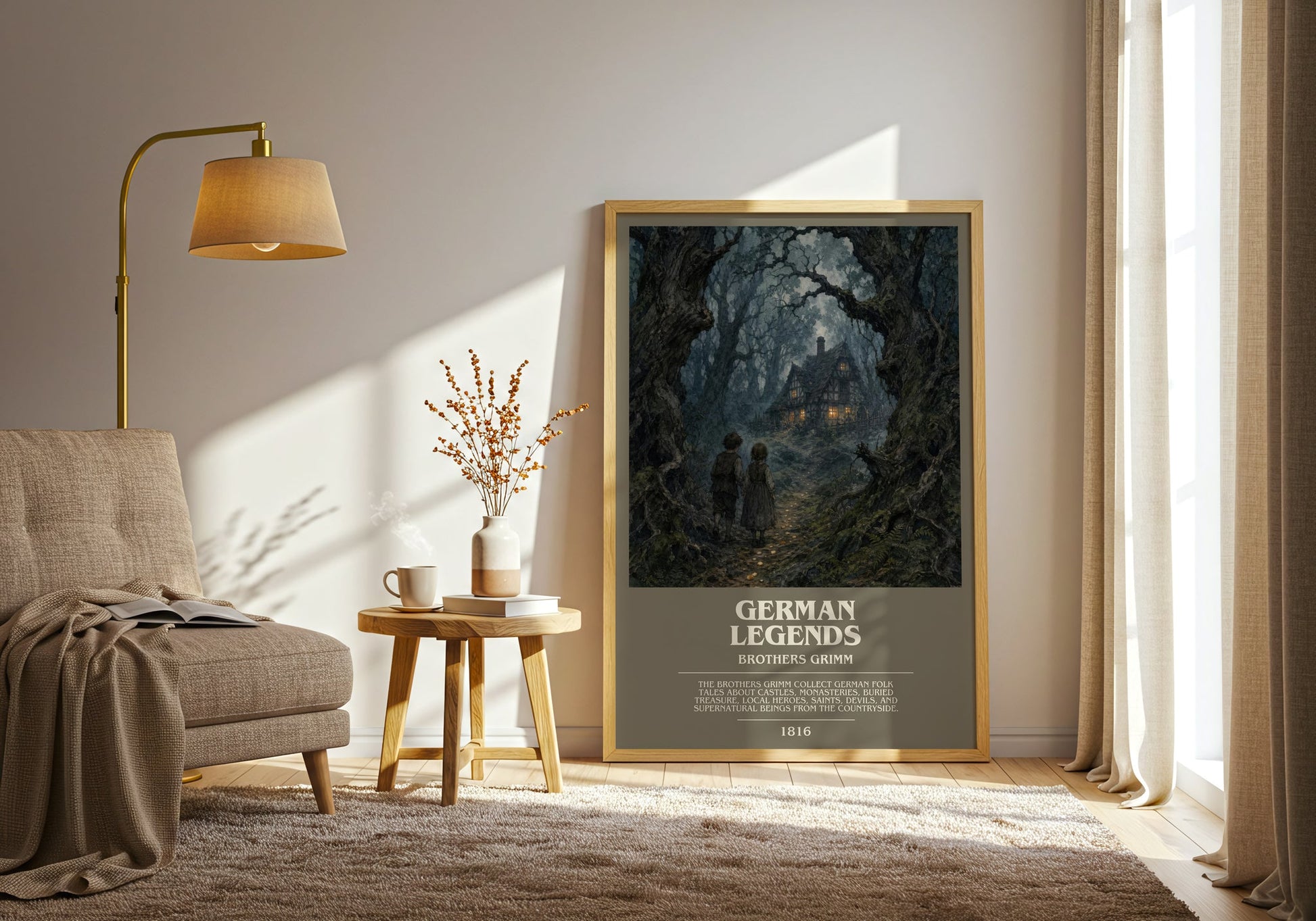 German Legends bookish print on bookshelf – Brothers Grimm fan gift