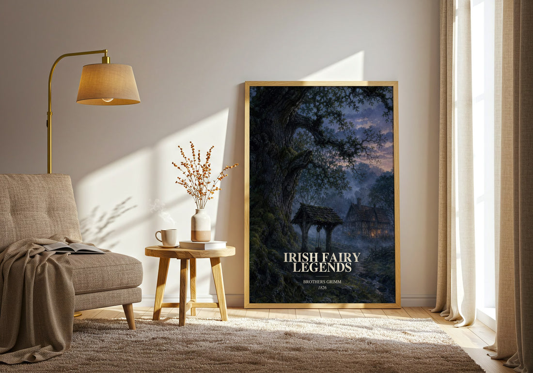 Irish Fairy Legends watercolour print in frame leaning in hallway – childrens wall art (mockup)