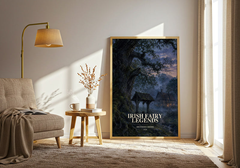 Irish Fairy Legends watercolour print in frame leaning in hallway – childrens wall art