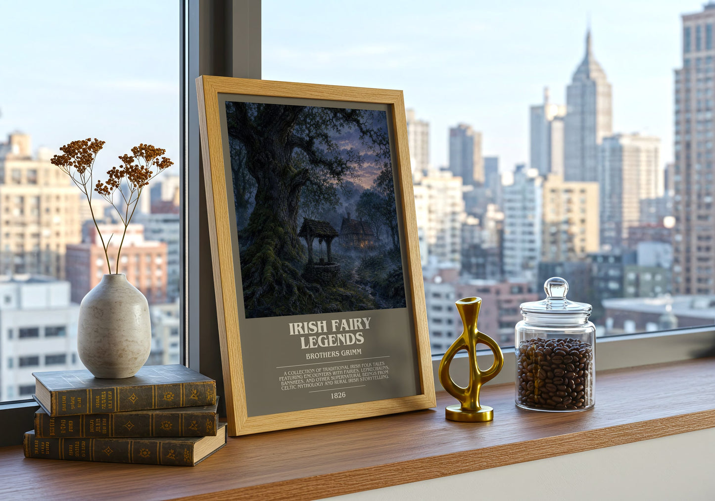 Irish Fairy Legends bookish print framed by window – literary home decor
