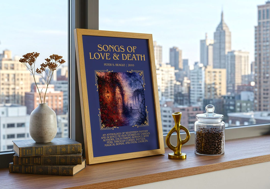 Songs of love & death Minimalist Book Poster by Peter S. Beagle – framed print on a city-view windowsill