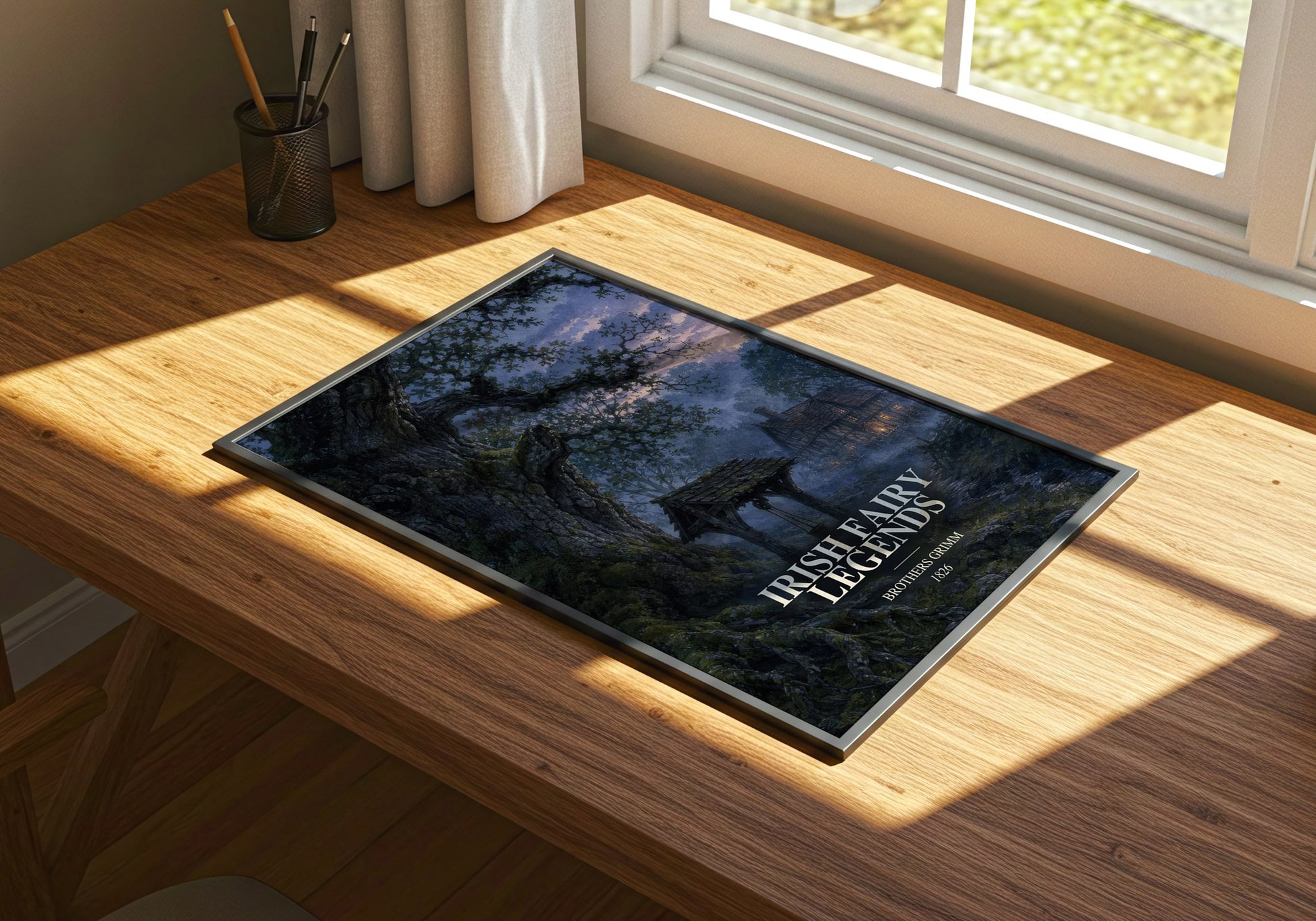 Irish Fairy Legends watercolour book poster framed on wall – childrens wall art