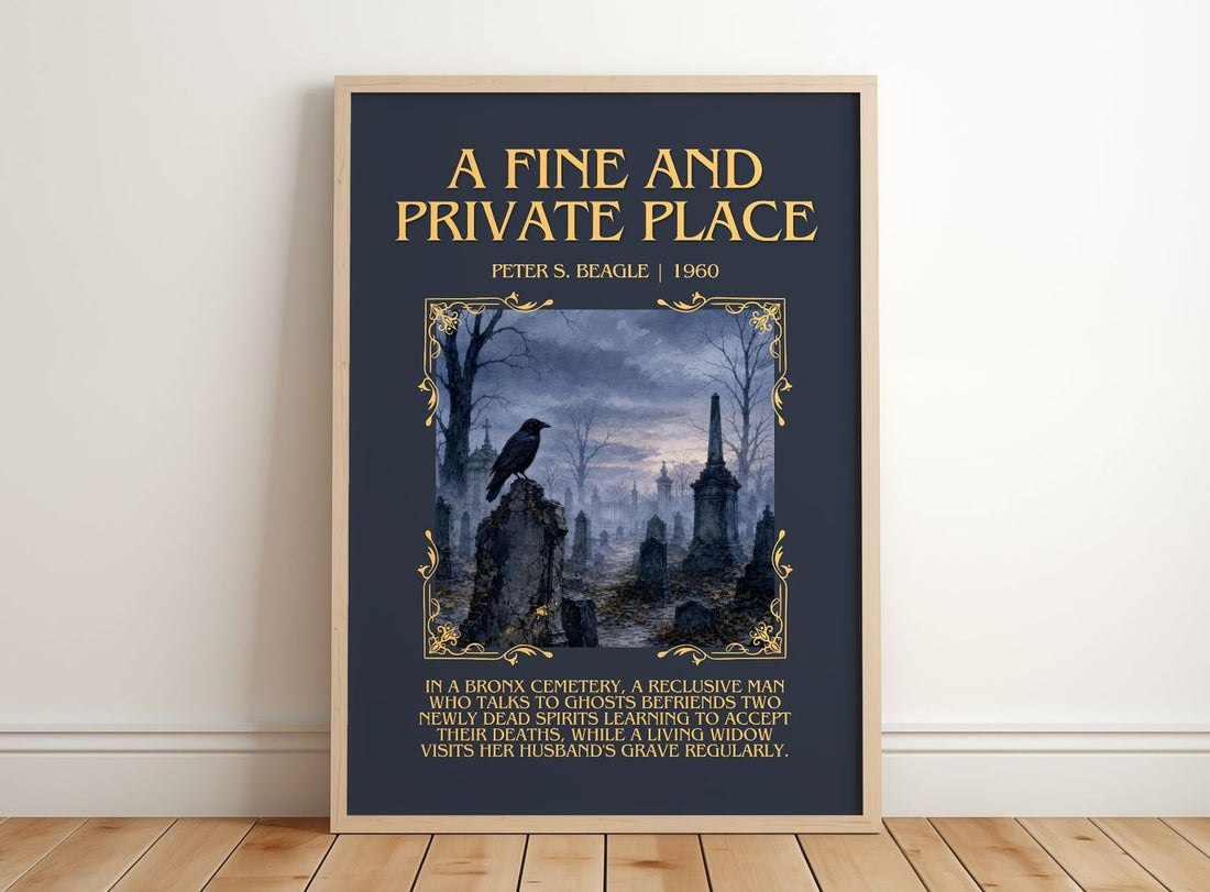 A Fine and Private Place Minimalist Book Poster by Peter S. Beagle – framed print leaning on a wooden floor