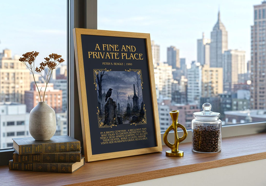 A Fine and Private Place Minimalist Book Poster by Peter S. Beagle – framed print on a city-view windowsill