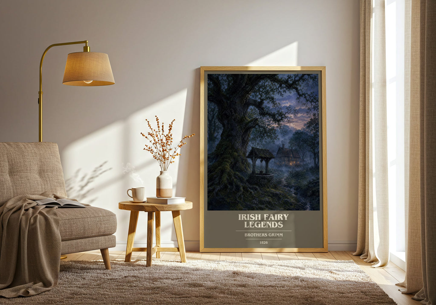 Irish Fairy Legends book cover print on bookshelf – Brothers Grimm fan gift