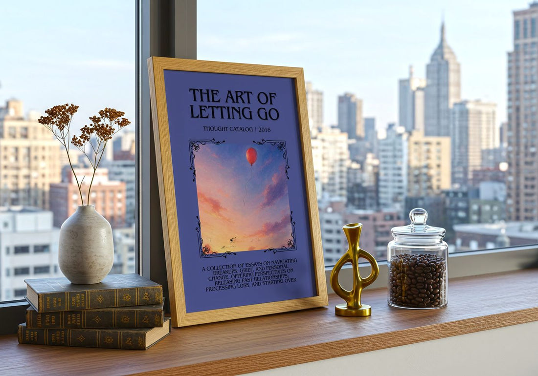 The Art of Letting Go Minimalist Book Poster by Thought Catalog – framed print on a city-view windowsill