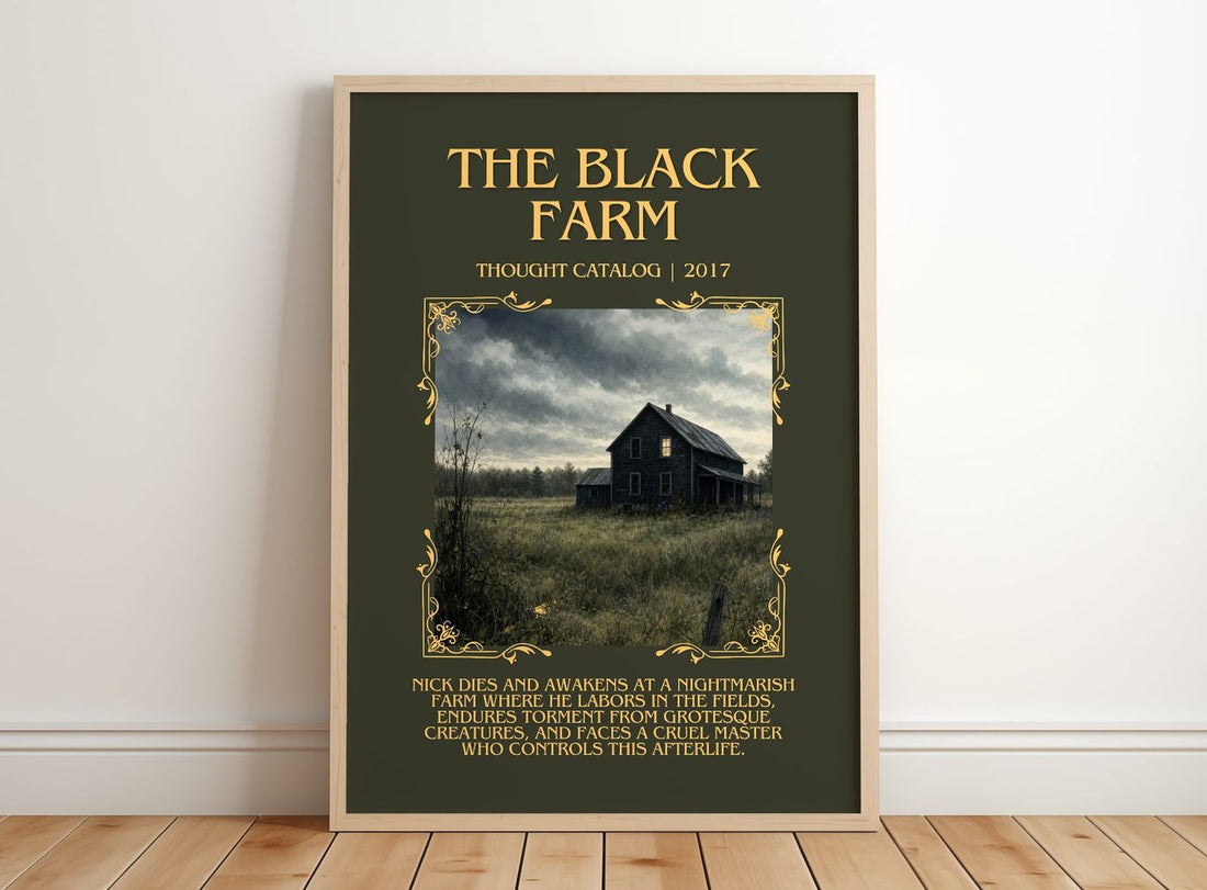 The Black Farm Minimalist Book Poster by Thought Catalog – framed print leaning on a wooden floor