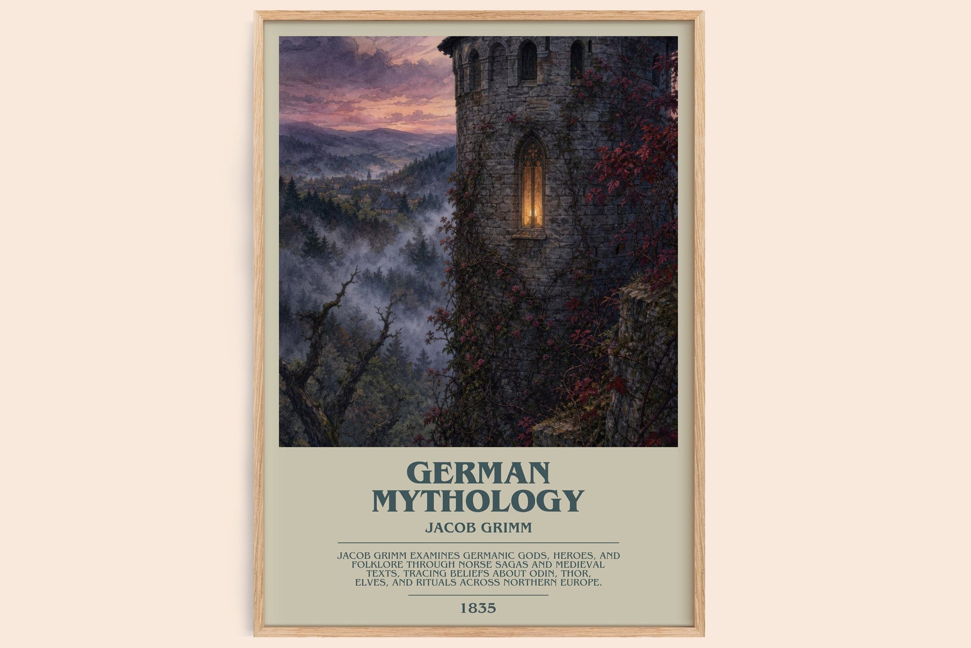 German Mythology bookish book poster by Jacob Grimm – framed literary art print