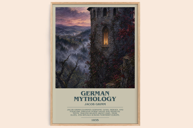 German Mythology bookish book poster by Jacob Grimm – framed literary art print