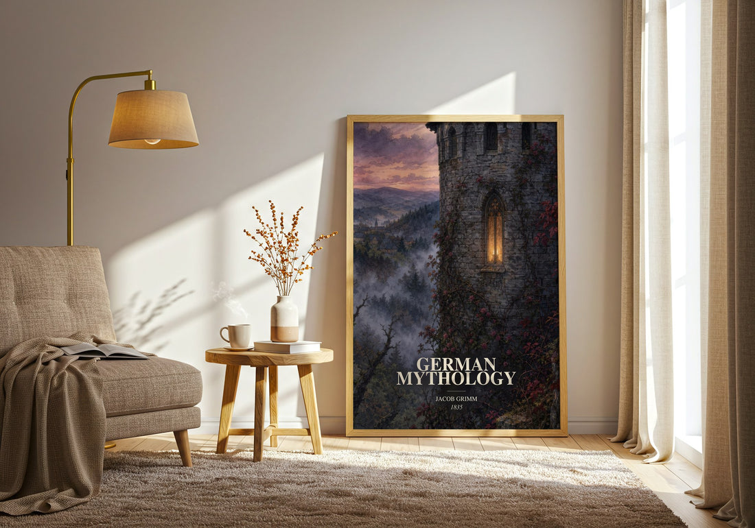 German Mythology watercolour print in frame leaning in hallway – childrens wall art (mockup)