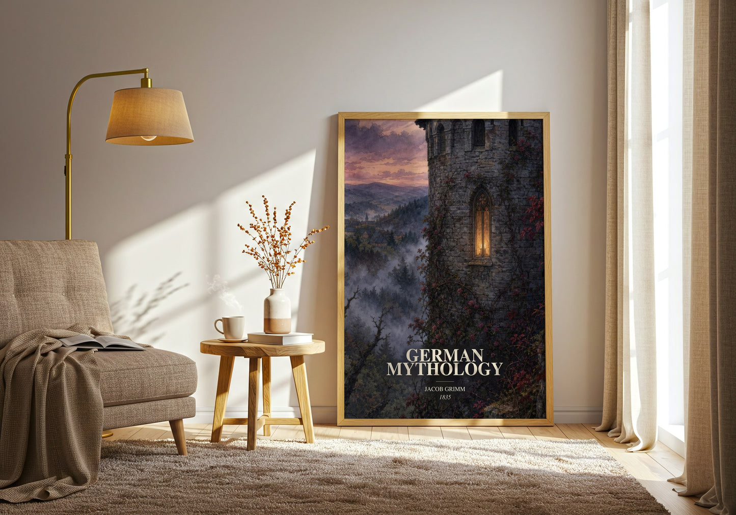 German Mythology watercolour print in frame leaning in hallway – childrens wall art