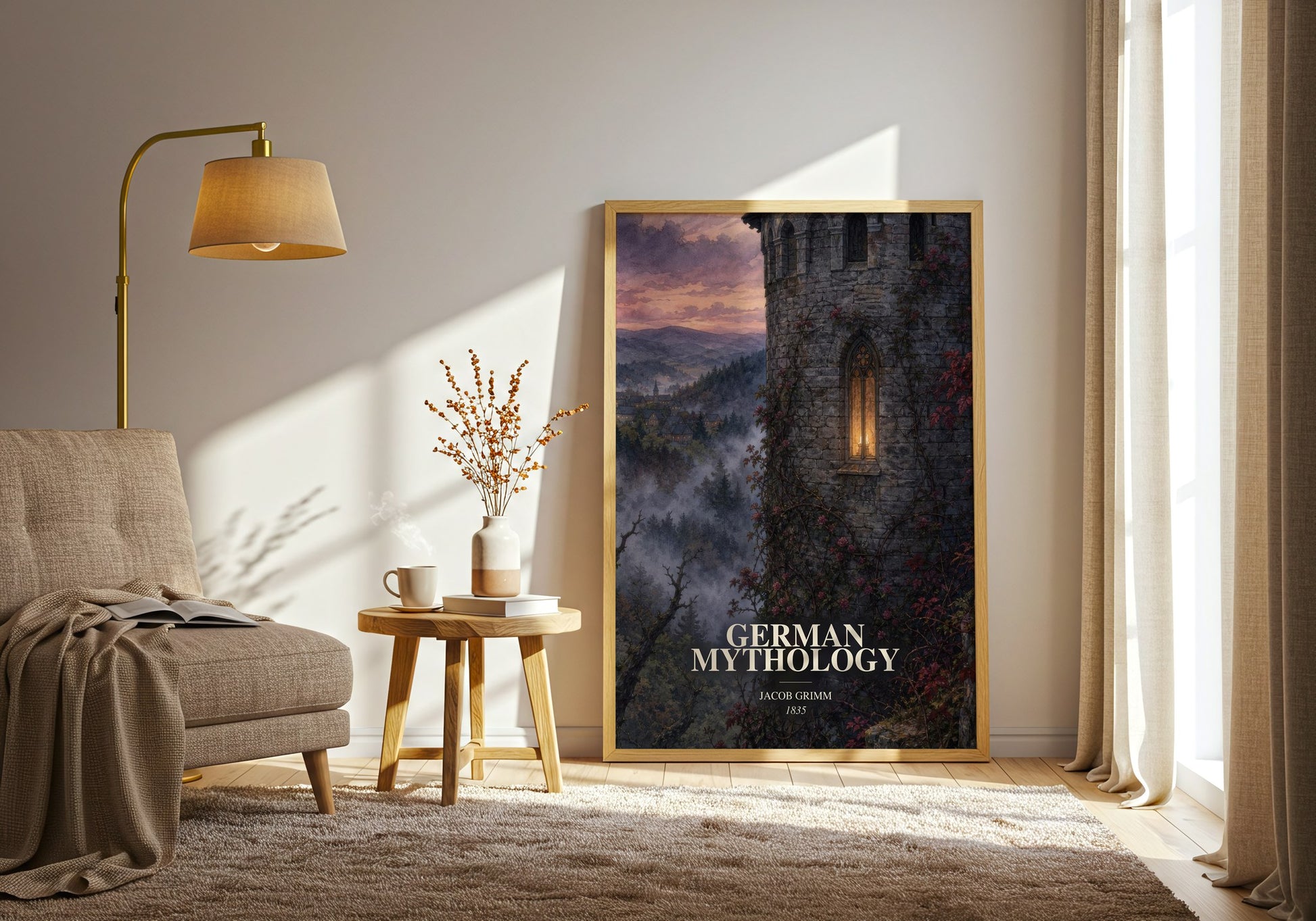 German Mythology watercolour print in frame leaning in hallway – childrens wall art