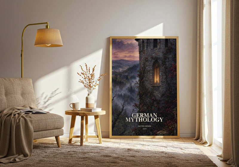 German Mythology watercolour print in frame leaning in hallway – childrens wall art