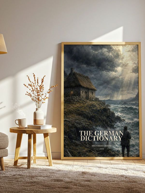 The German Dictionary watercolour print in frame leaning in hallway – non fiction wall art