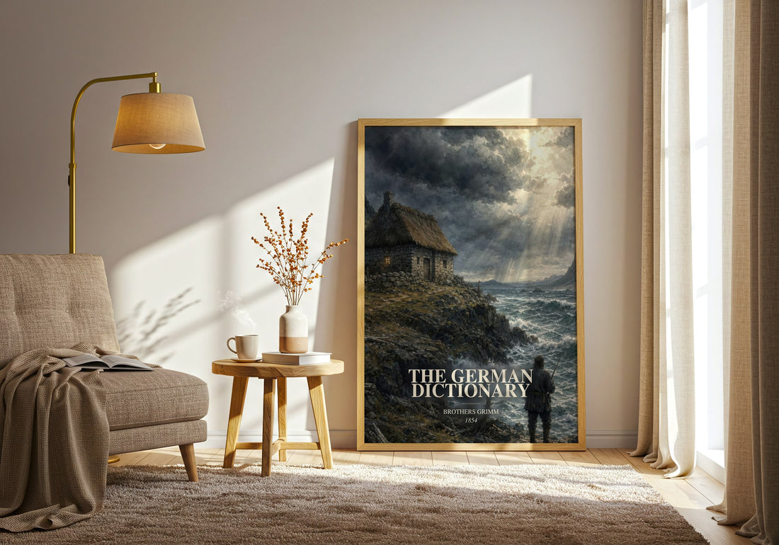 The German Dictionary watercolour print in frame leaning in hallway – non fiction wall art (mockup)