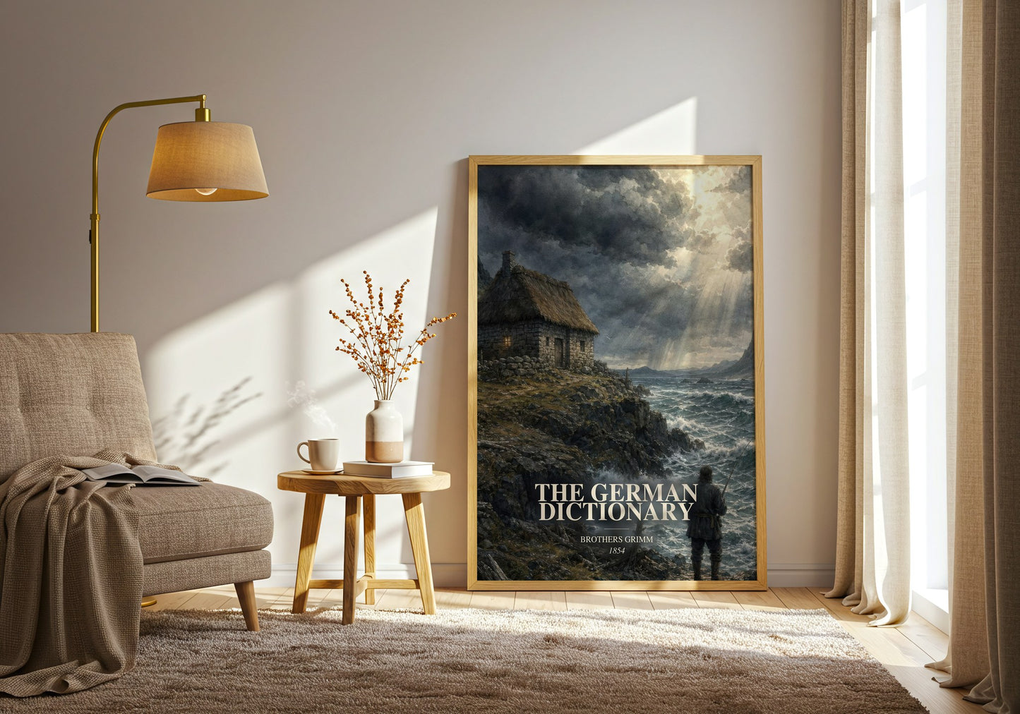 The German Dictionary watercolour print in frame leaning in hallway – non fiction wall art
