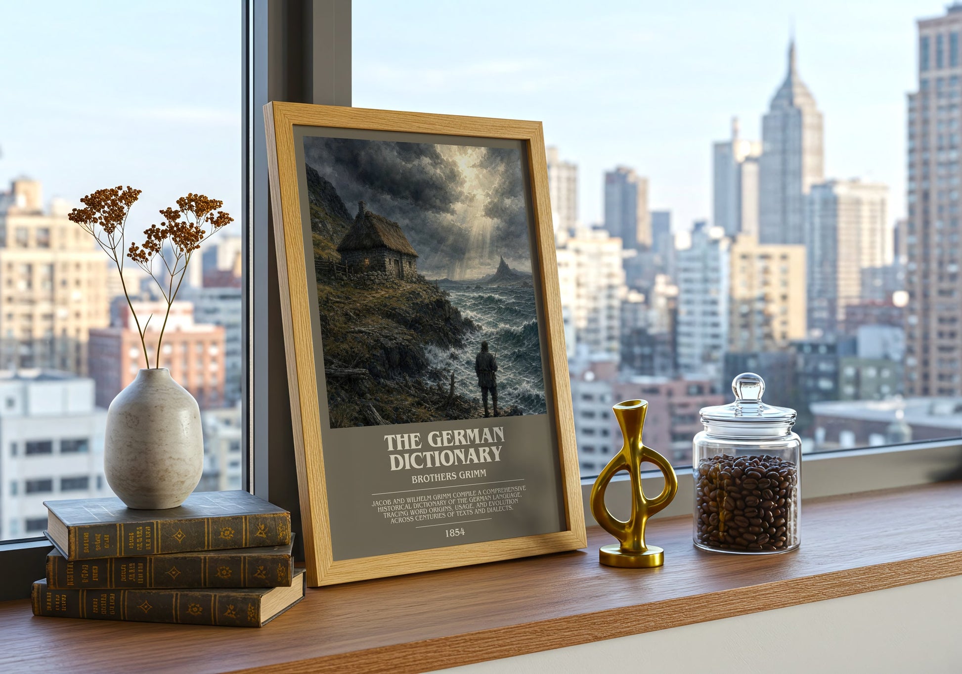 The German Dictionary bookish print framed by window – literary home decor