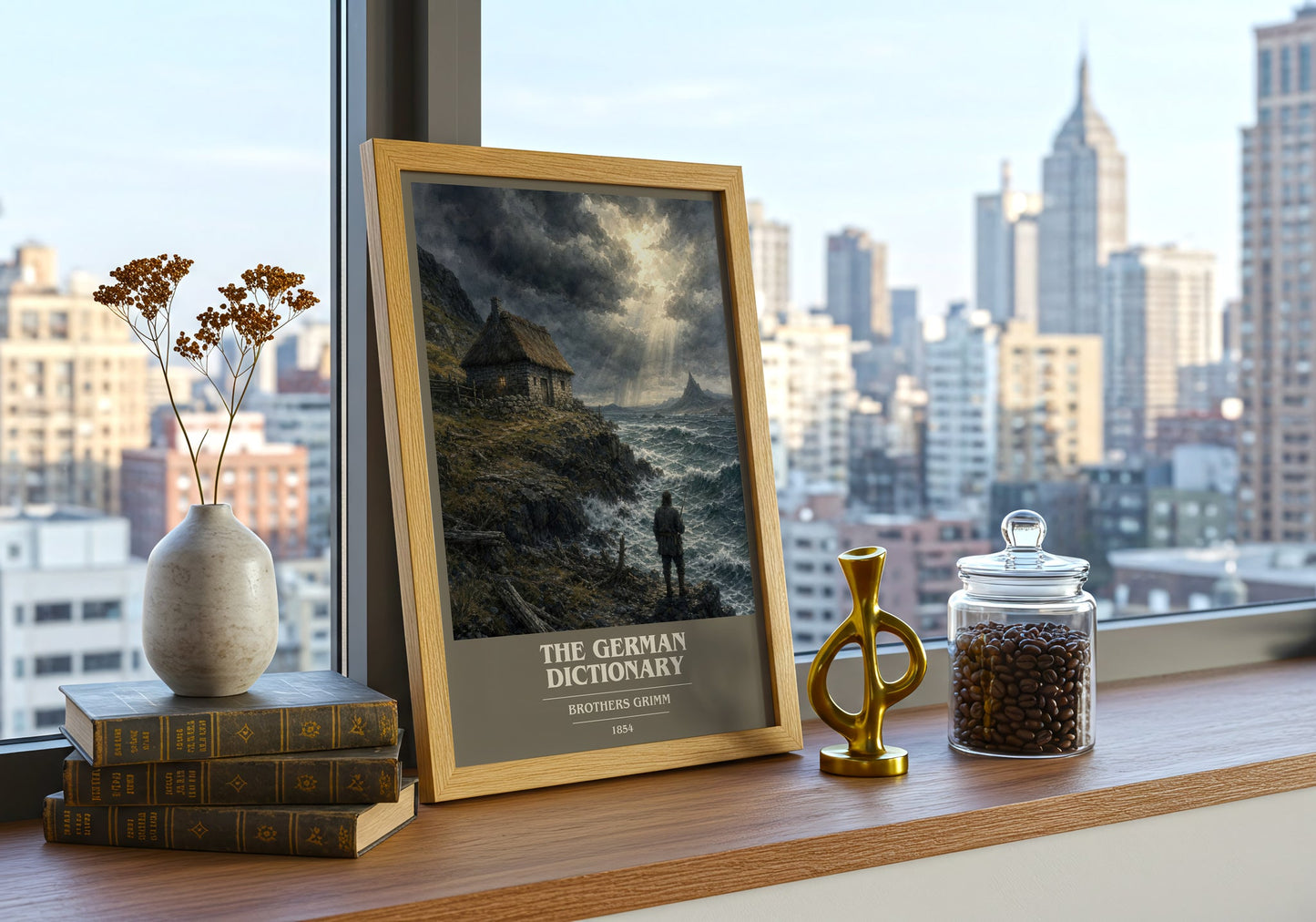 The German Dictionary book cover print framed by window – literary home decor