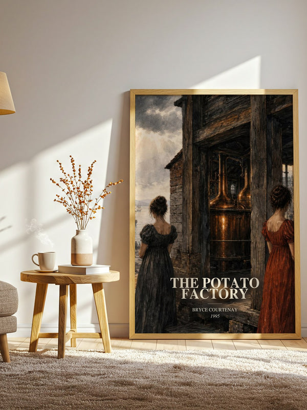 The Potato Factory watercolour print in frame leaning in hallway – historical fiction wall art