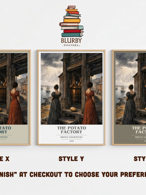 The Potato Factory book cover print in frame leaning in hallway – historical fiction wall art