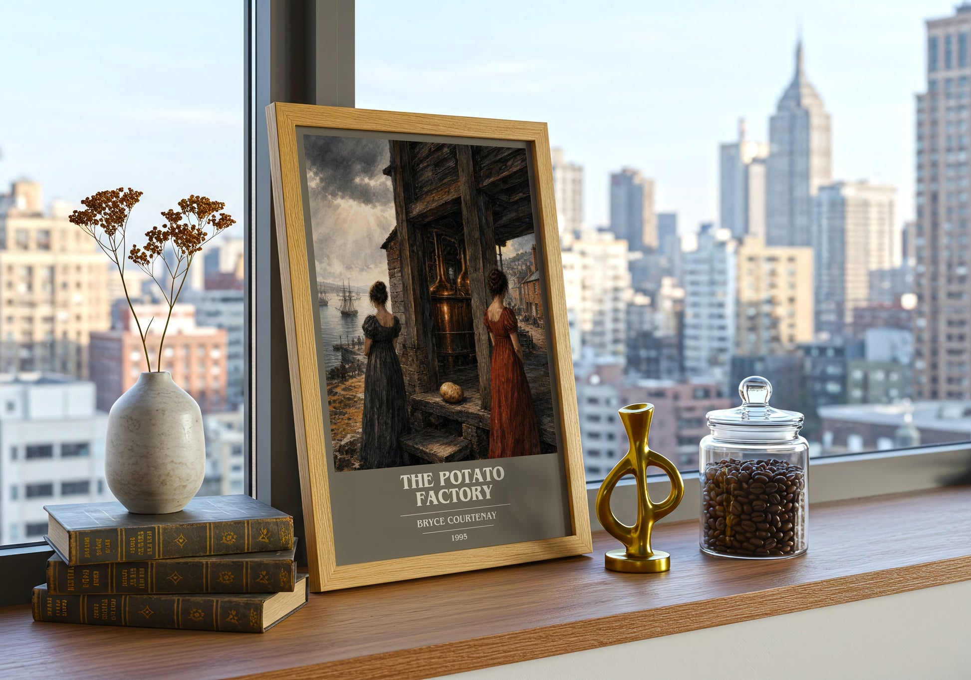 The Potato Factory book cover print framed by window – literary home decor