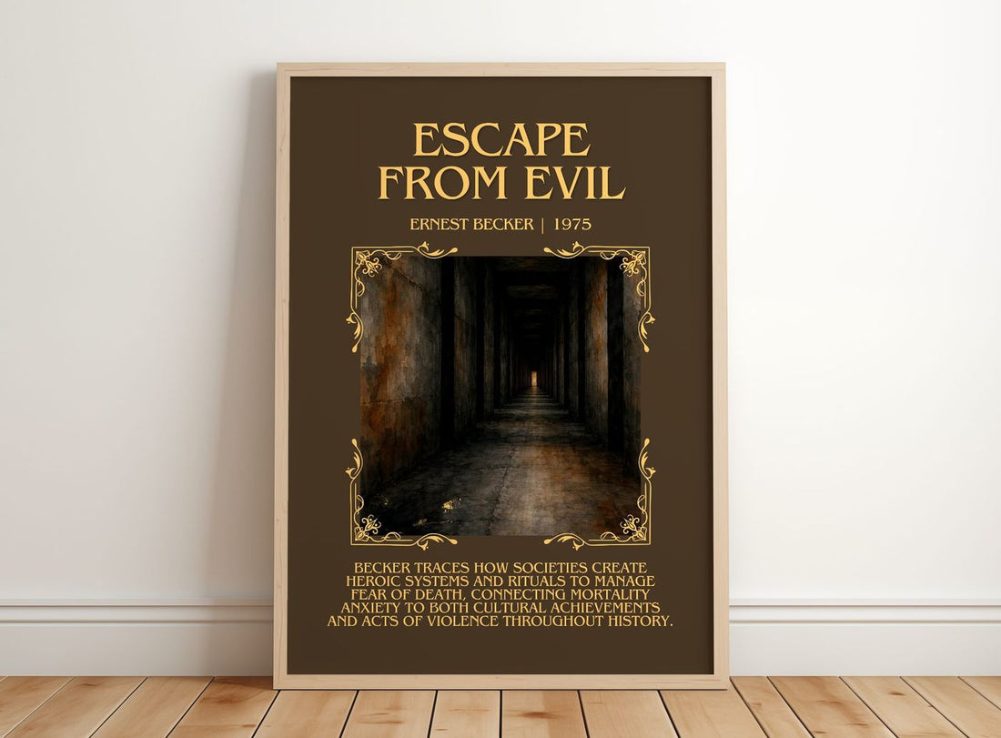 Escape from Evil Minimalist Book Poster by Ernest Becker – framed print leaning on a wooden floor