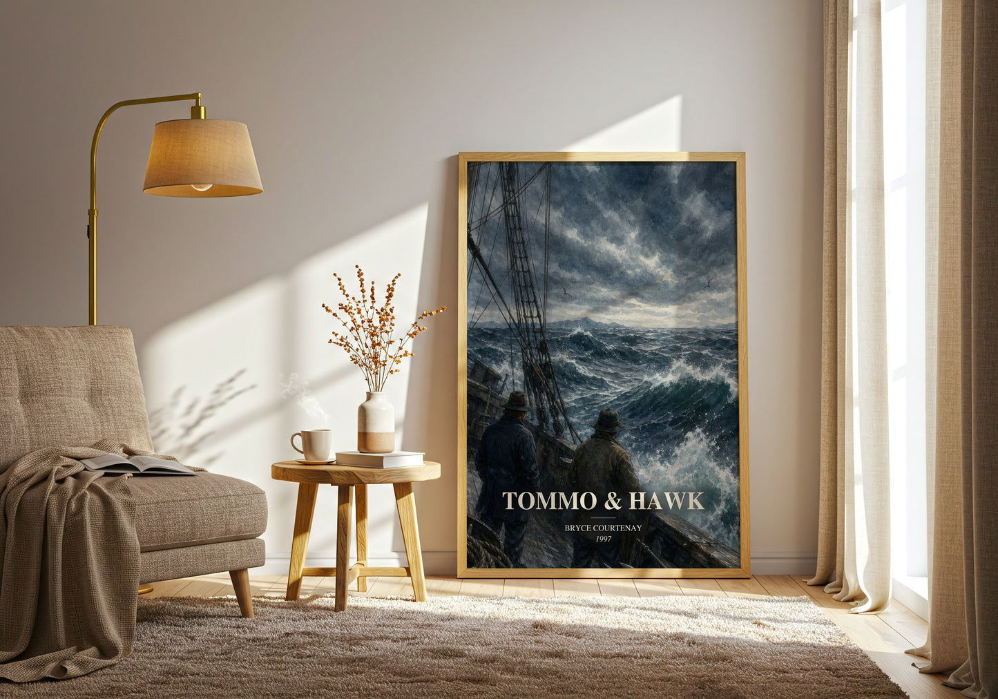 Tommo & Hawk watercolour print in frame leaning in hallway – historical fiction wall art
