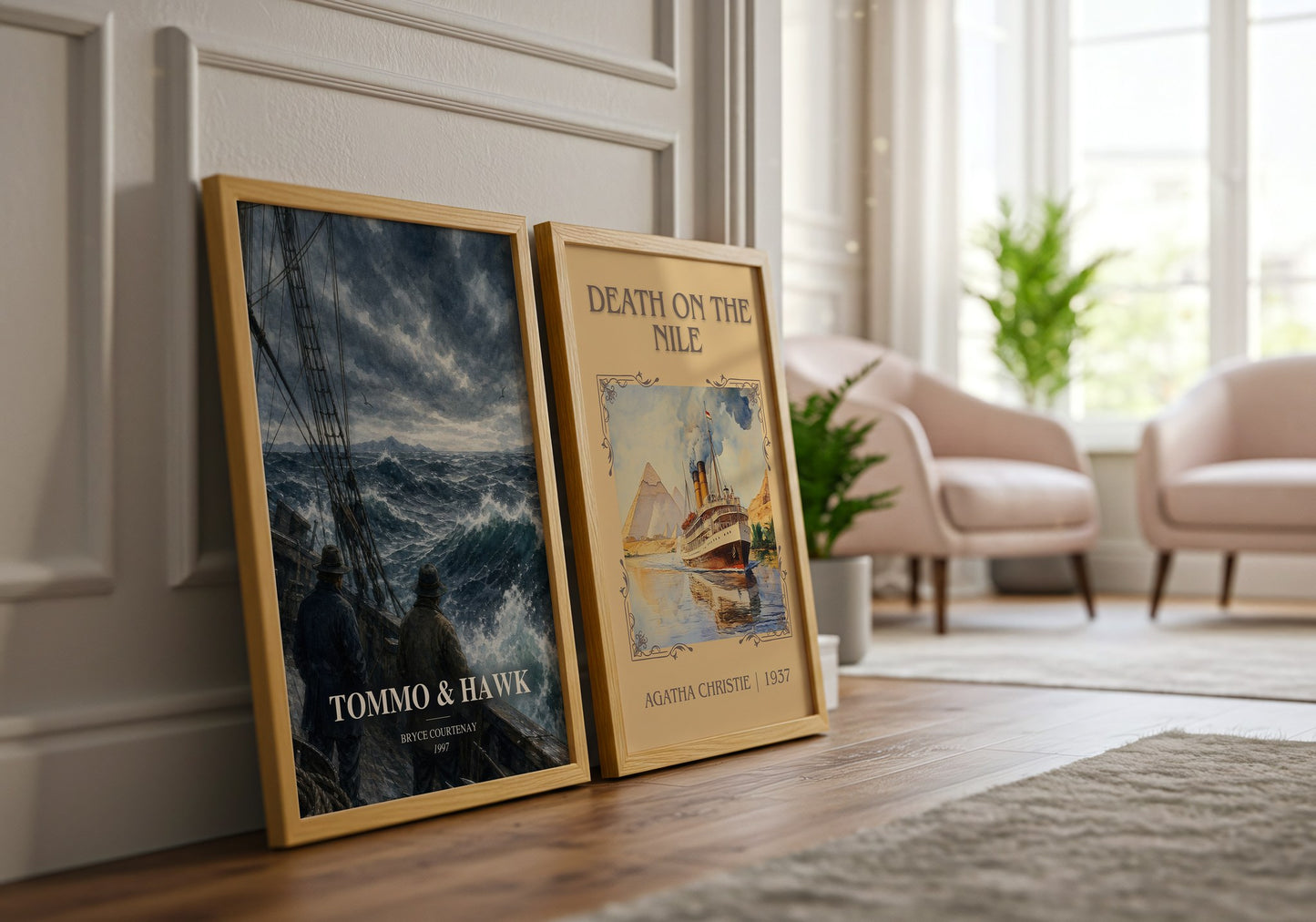 Tommo & Hawk watercolour print framed by window – literary home decor