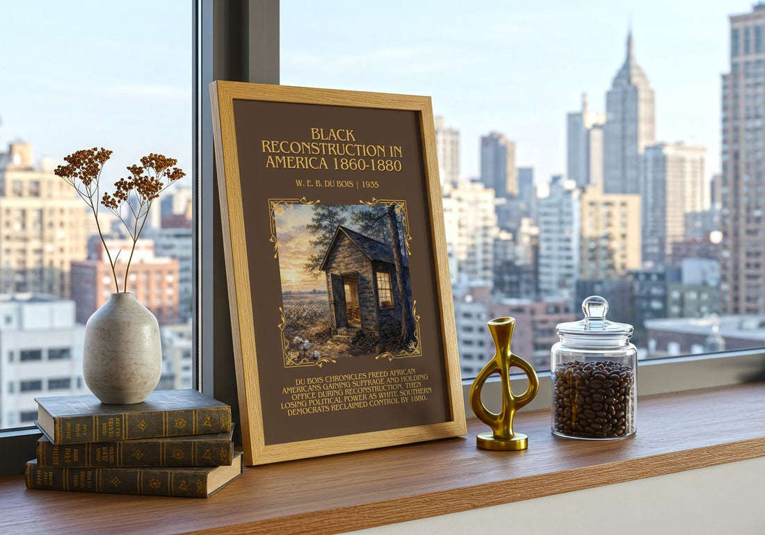 Black reconstruction in America 1860-1880 Minimalist Book Poster – framed print on a city-view windowsill