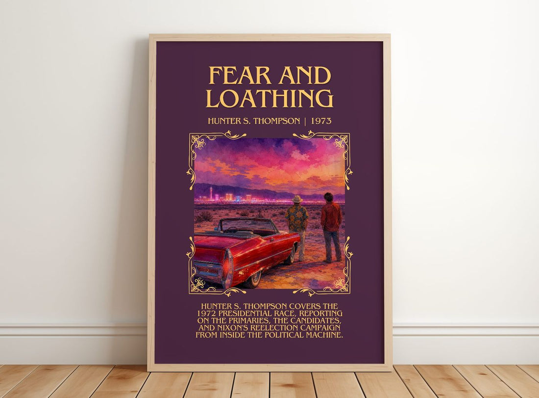 Fear and Loathing Minimalist Book Poster by Hunter S. Thompson – framed print leaning on a wooden floor