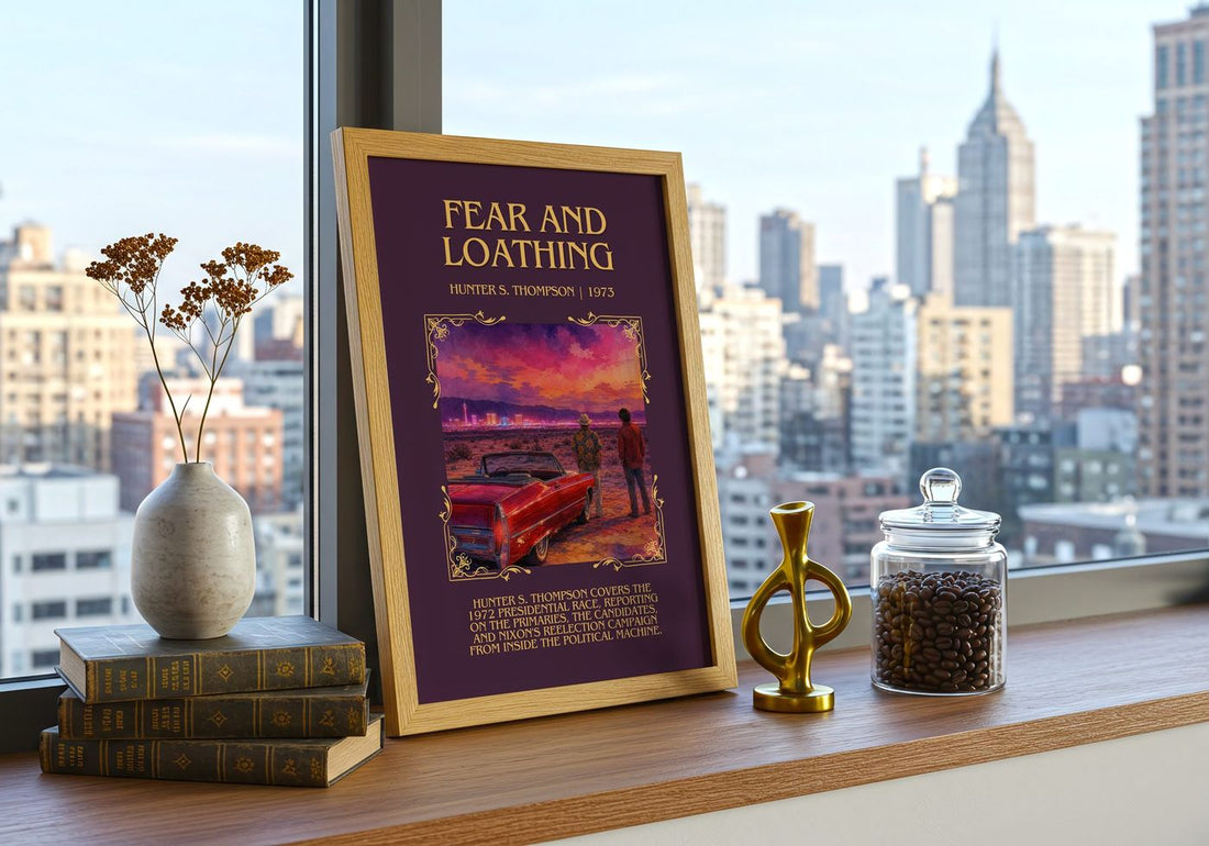 Fear and Loathing Minimalist Book Poster by Hunter S. Thompson – framed print on a city-view windowsill
