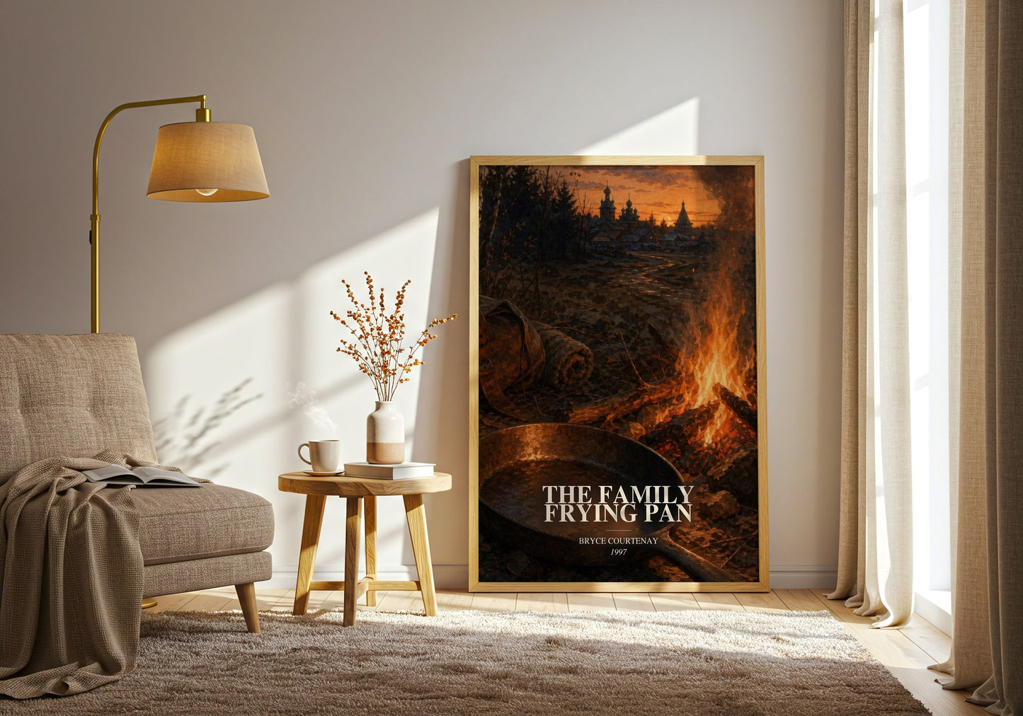 The Family Frying Pan watercolour print in frame leaning in hallway – historical fiction wall art
