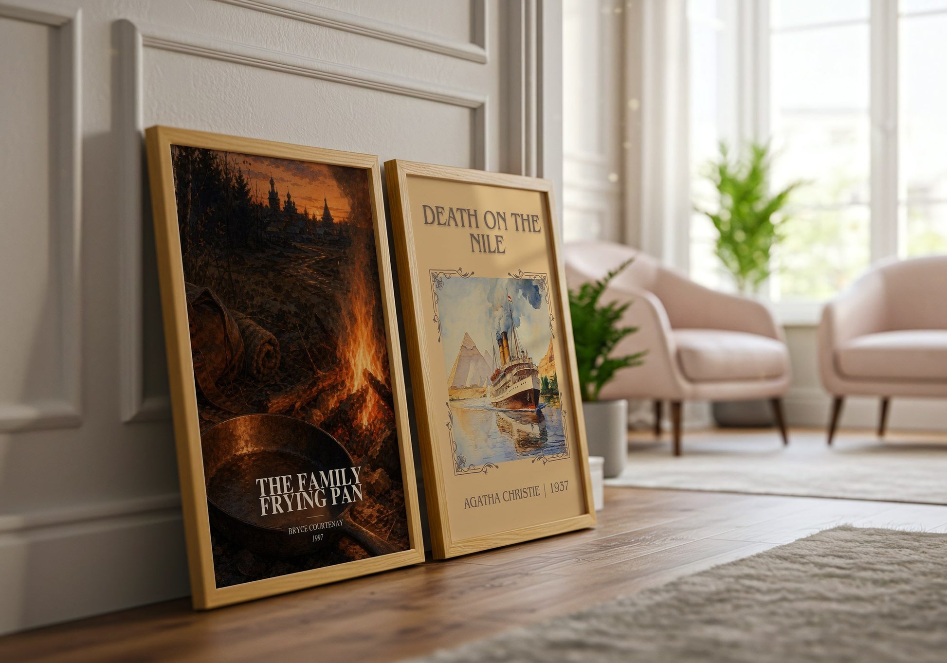 The Family Frying Pan watercolour print framed by window – literary home decor