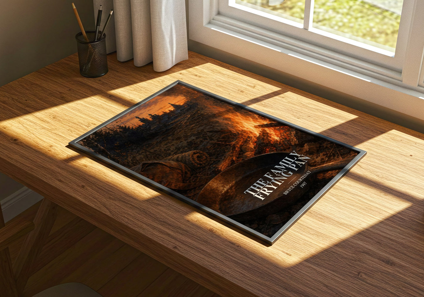The Family Frying Pan watercolour book poster framed on wall – historical fiction wall art