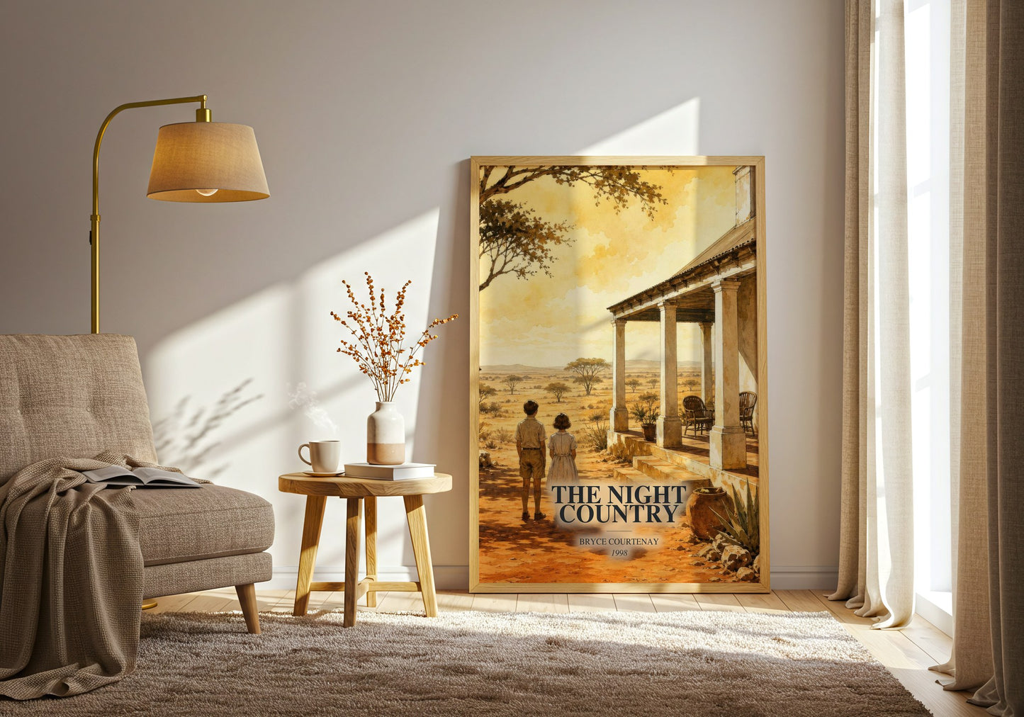 The Night Country watercolour print in frame leaning in hallway – literary fiction wall art