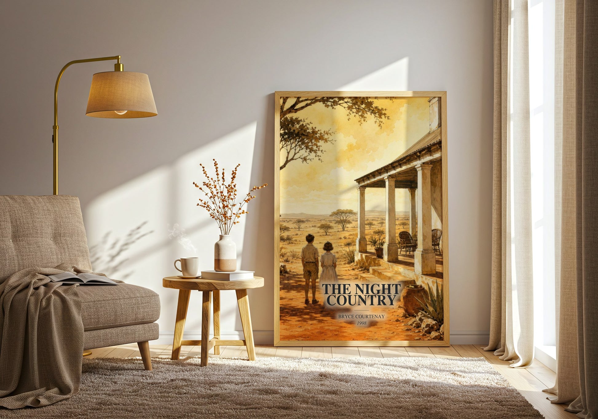 The Night Country watercolour print in frame leaning in hallway – literary fiction wall art