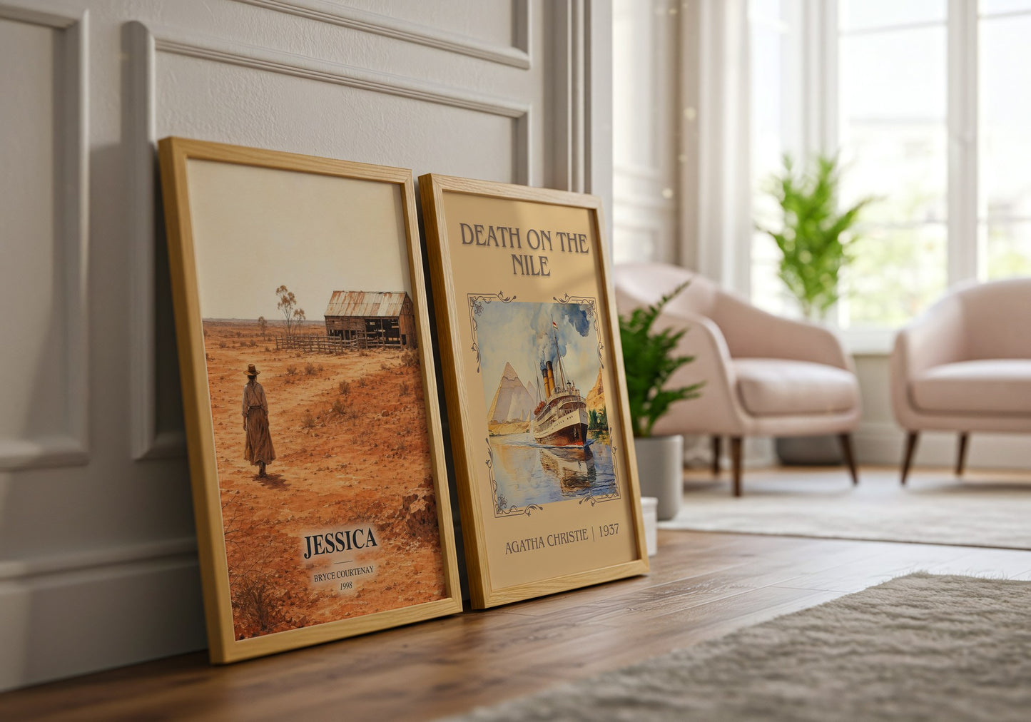 Jessica watercolour print framed by window – literary home decor