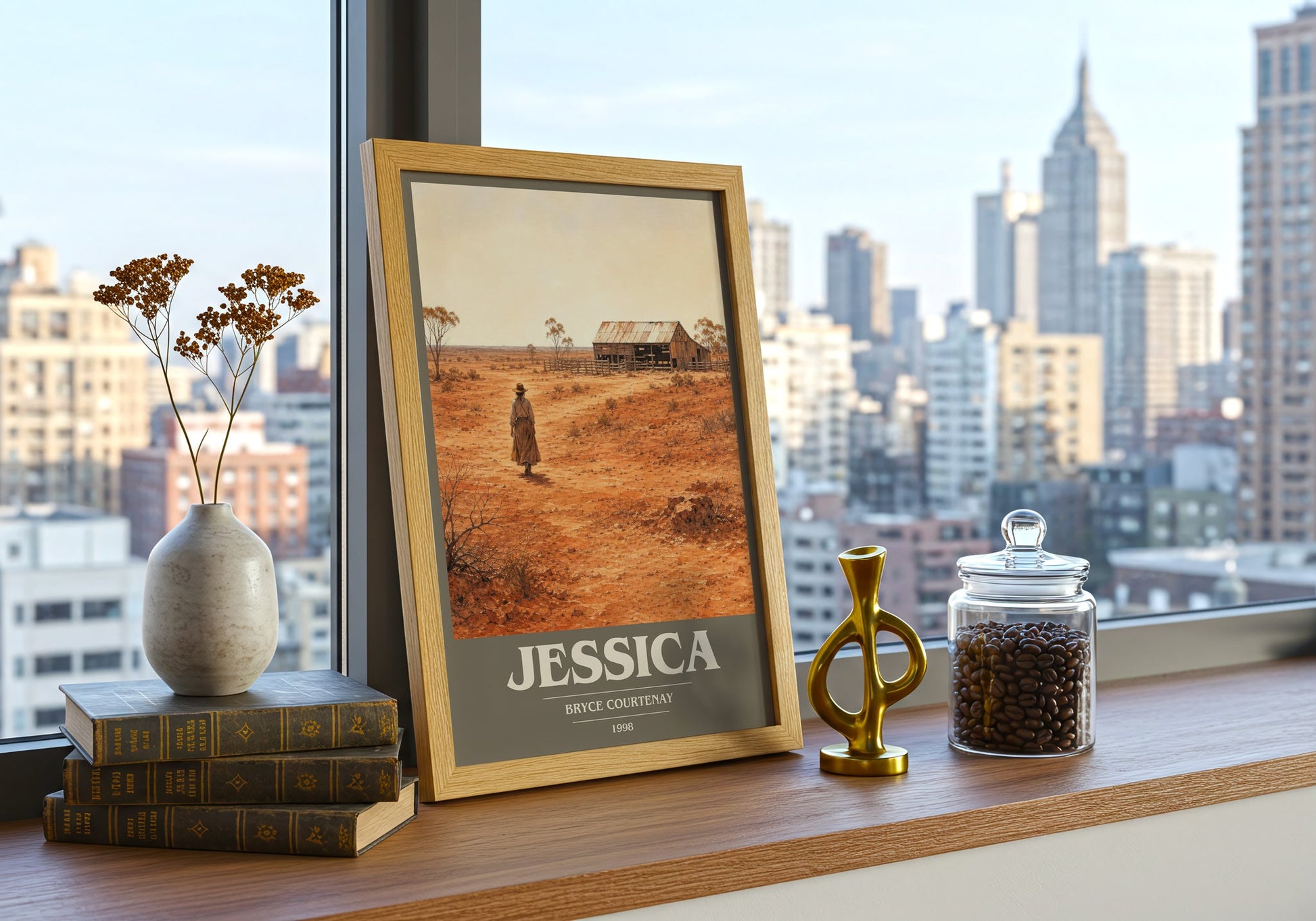 Jessica book cover print framed by window – literary home decor