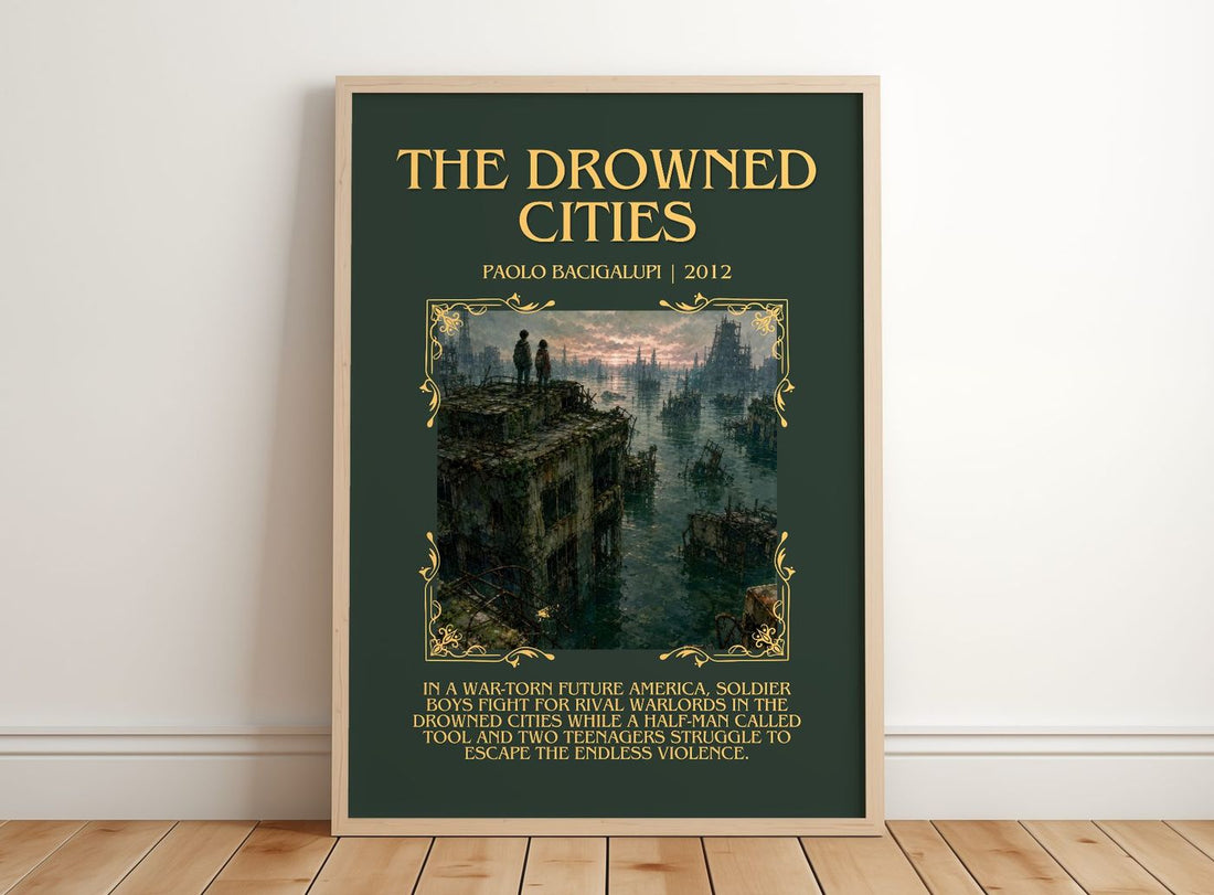 The drowned cities Minimalist Book Poster by Paolo Bacigalupi – framed print leaning on a wooden floor