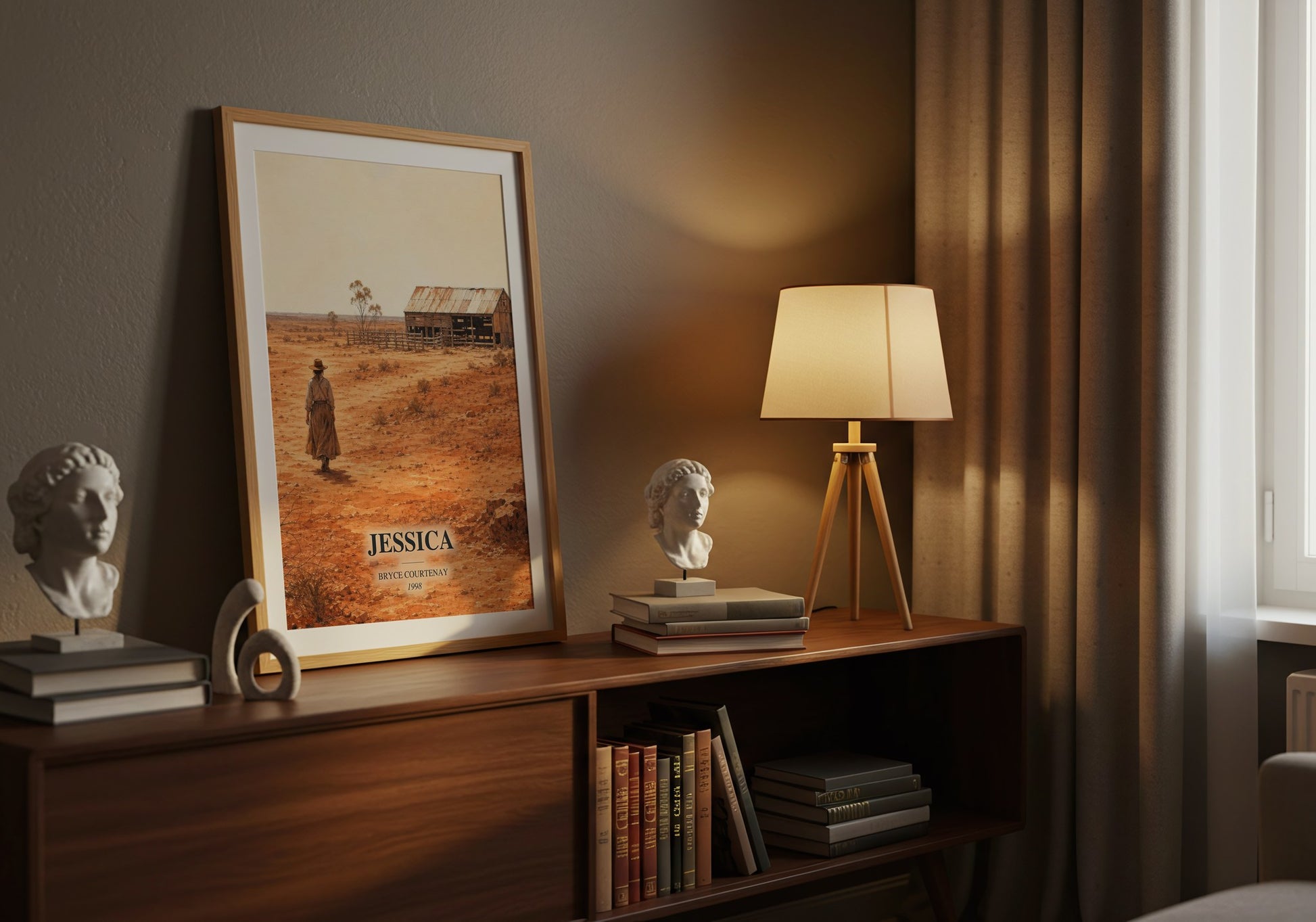 Jessica watercolour print on bookshelf – Bryce Courtenay fan gift