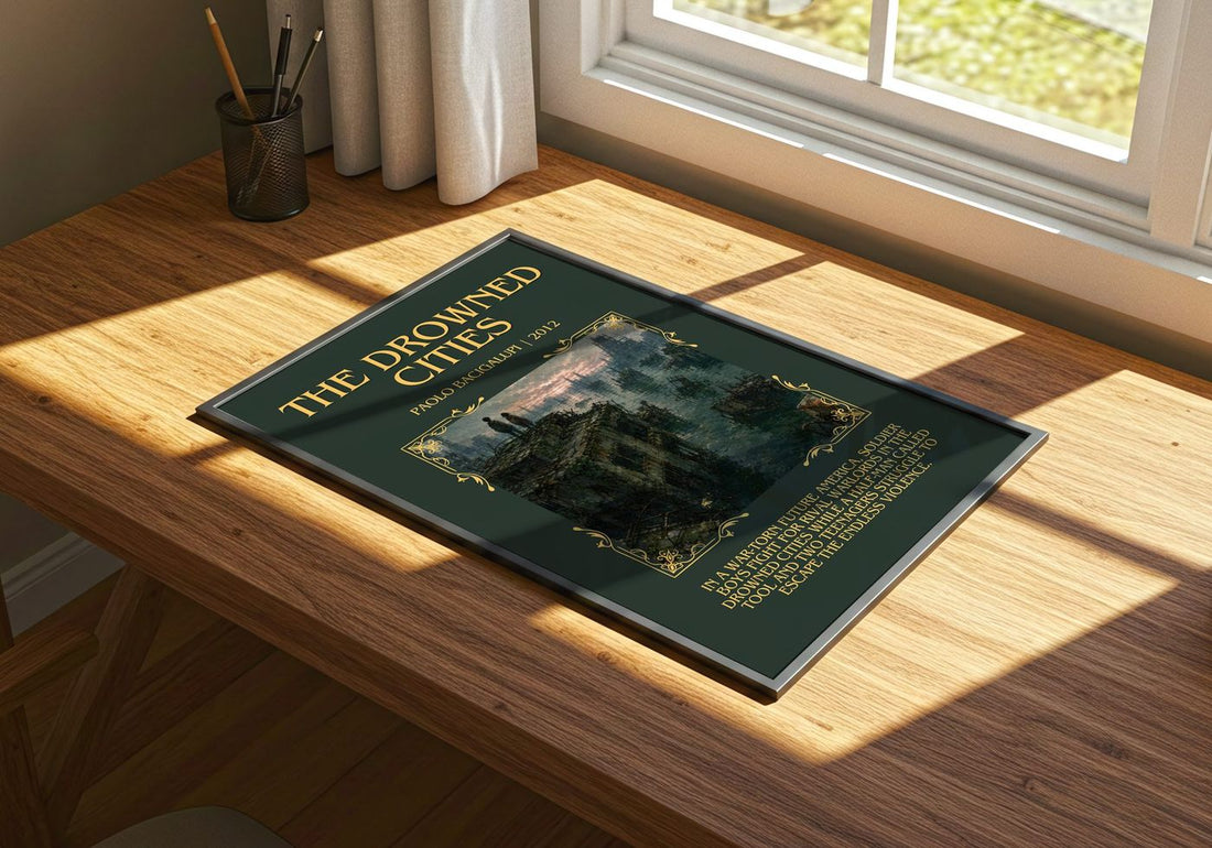 The drowned cities Minimalist Book Poster by Paolo Bacigalupi – print on a sunlit desk