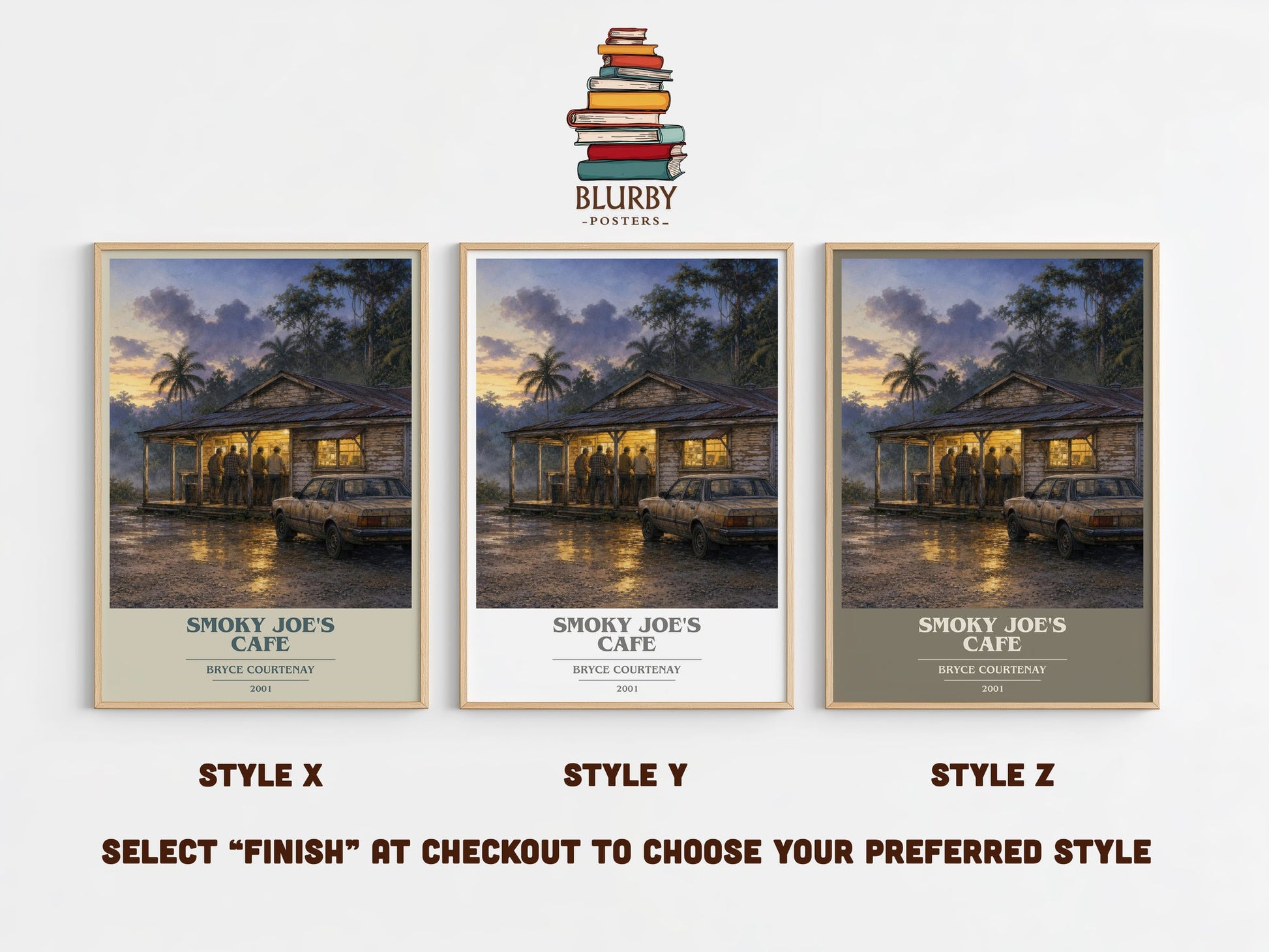 Smoky Joe'S Cafe book cover print in frame leaning in hallway – historical fiction wall art
