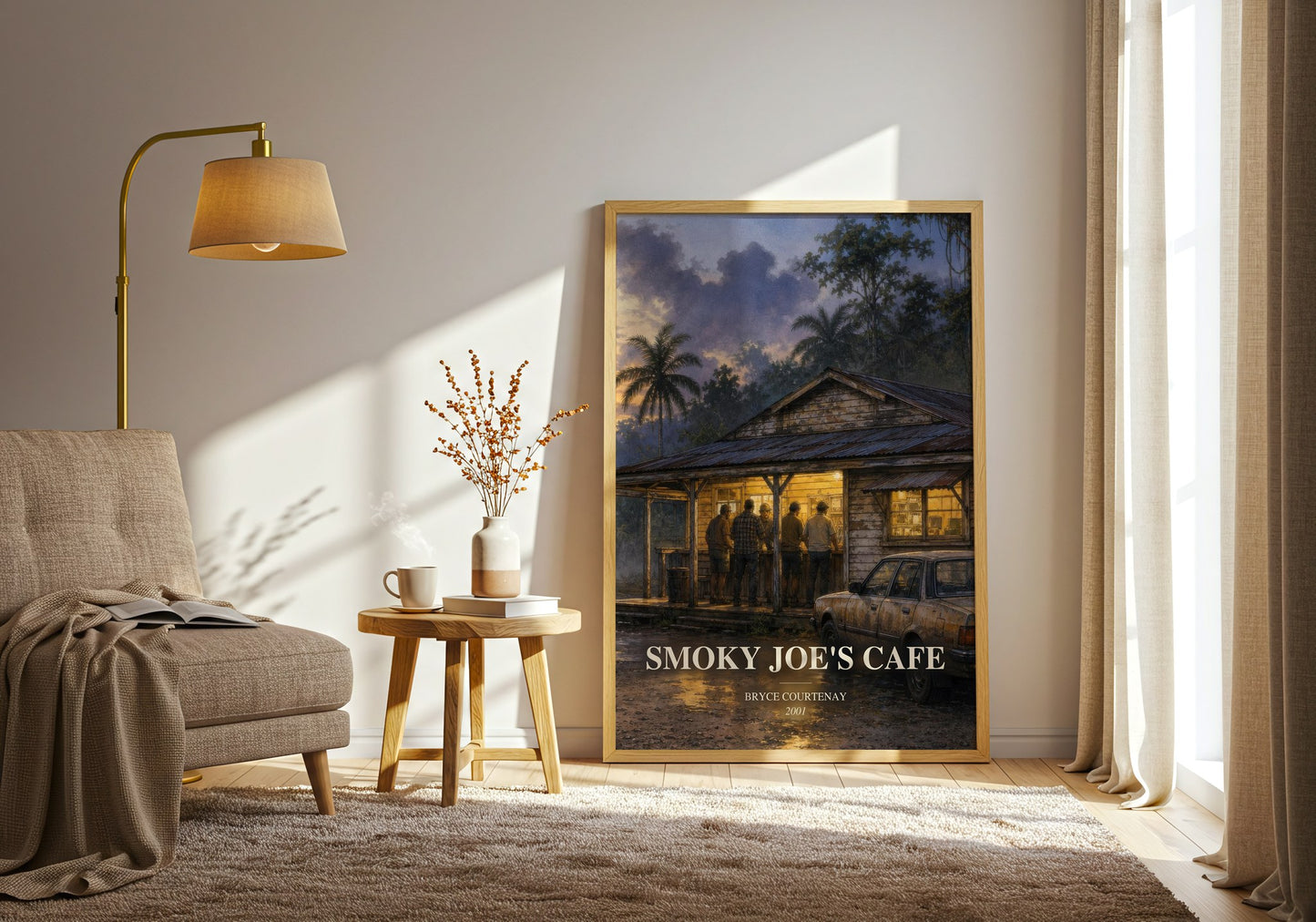 Smoky Joe'S Cafe watercolour print in frame leaning in hallway – historical fiction wall art