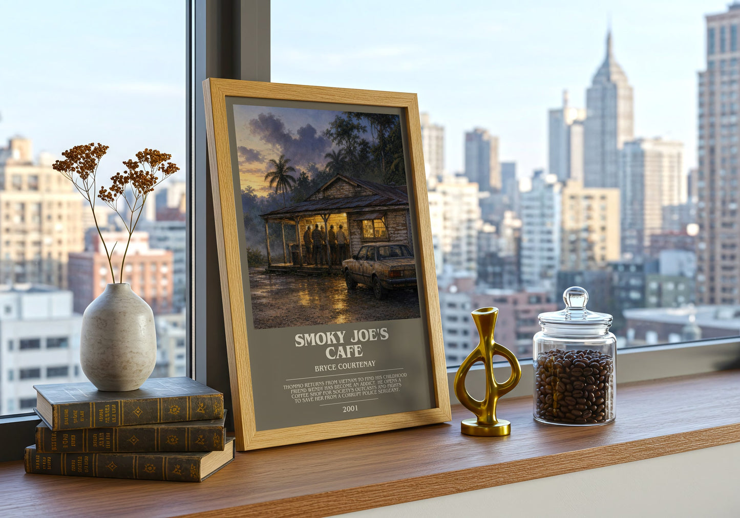 Smoky Joe'S Cafe bookish print framed by window – literary home decor