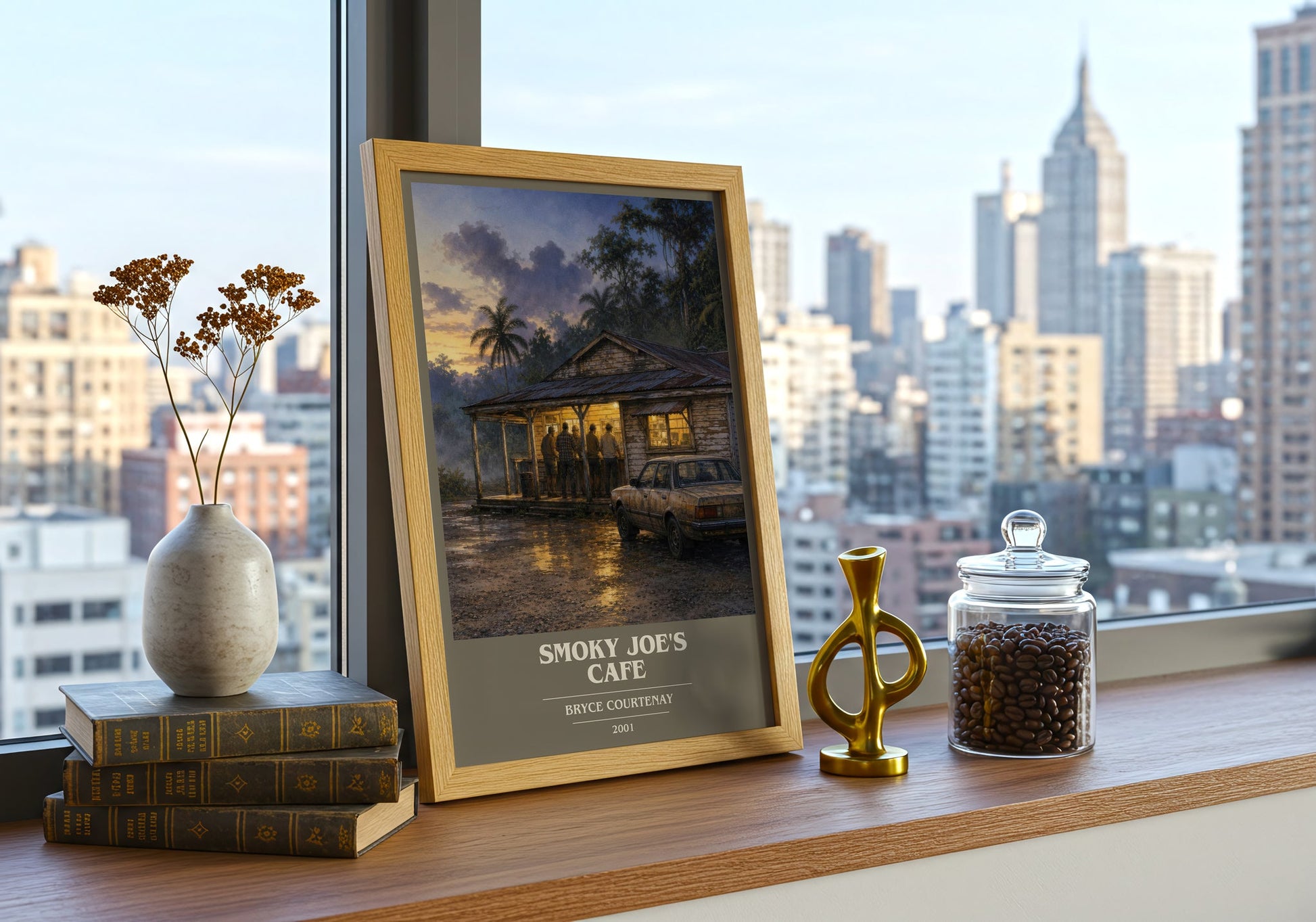Smoky Joe'S Cafe book cover print framed by window – literary home decor