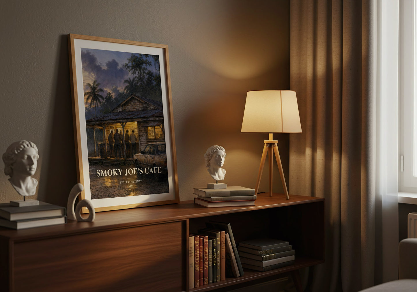 Smoky Joe'S Cafe watercolour print on bookshelf – Bryce Courtenay fan gift